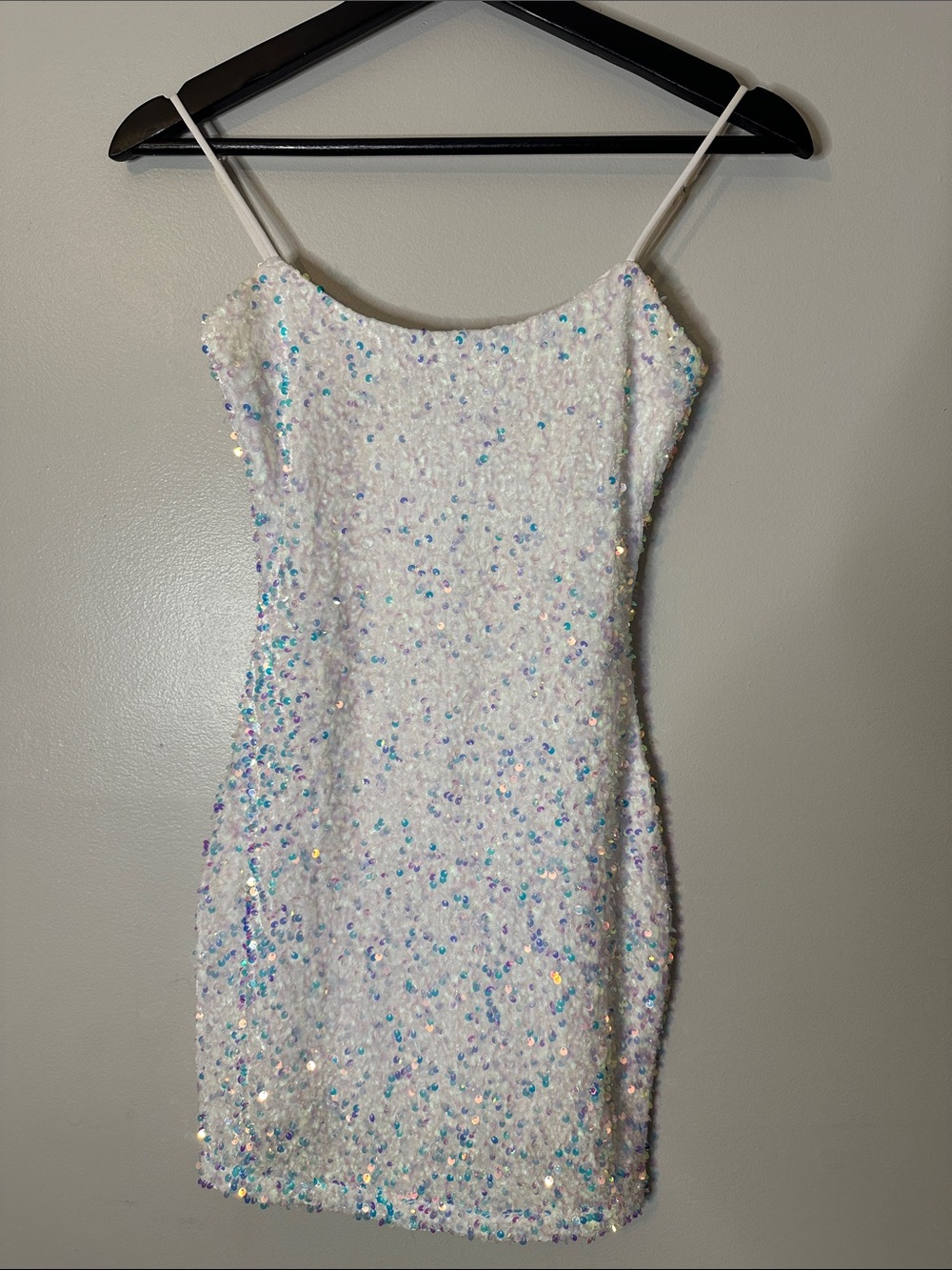 White Iridescent Sequined Mini Dress, XS